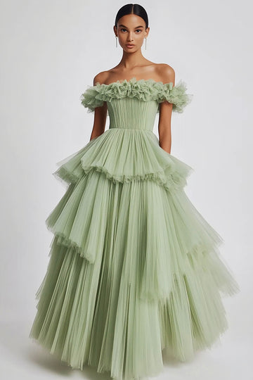 Dusty Sage Épaule Dénudée Robe de bal à volants